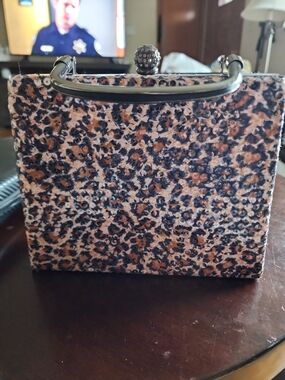 Leopard Print Box Clutch Handbag - Brown/Black
